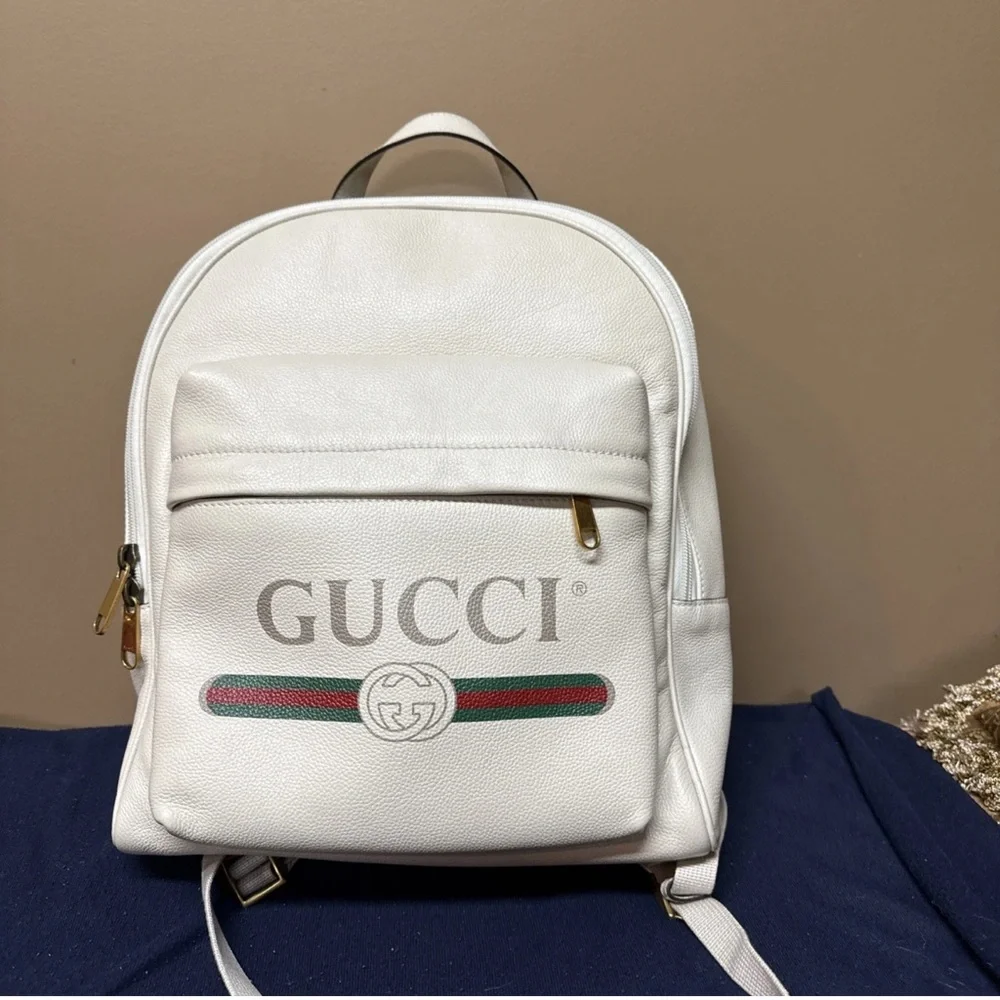 Gucci Web Logo Cripto Print Leather Ecru Color Authentic Women (Unisex) Backpack - Picture 2 of 15